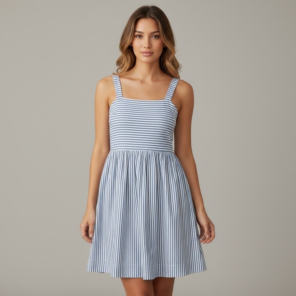 Ann Taylor LOFT Blue White Striped Cotton Mini Dress Sleeveless Square Neck S